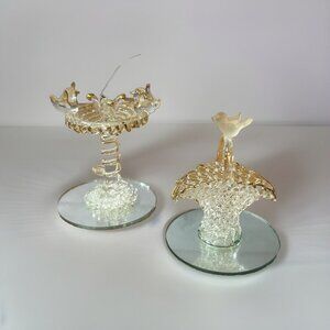 2 Hand Blown Glass Figurines Miniature Ornaments Bird Bath Mirror & Basket 3"